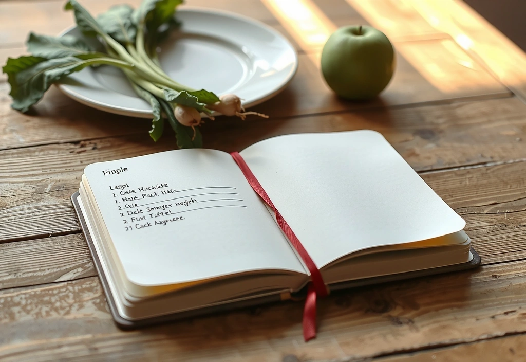 Rukou psaný jídelníček v notesu na dřevěném stole s čerstvou zeleninou